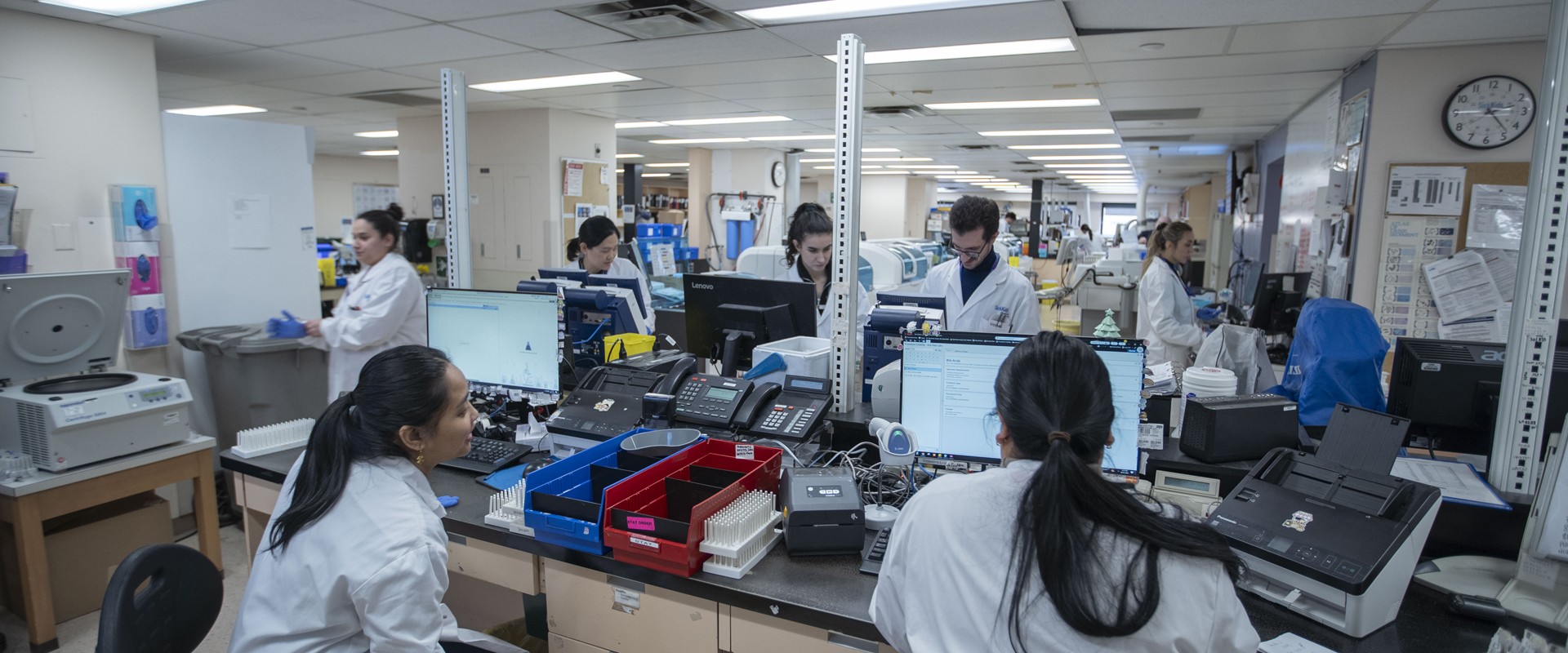 Two lab professionals in lab coats seated at a bench in front of two computers. In the background are other lab professionals at work.