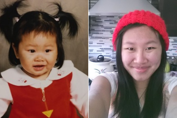 Side-by-side images showing Crystal at two ages. On the left, Crystal is a young toddler with short dark hair styled in two small pigtails wears a red outfit with a white collar and sits against a neutral studio background. On the right, Crystal as an older teen takes a selfie indoors, wearing a bright red knitted hat and a light-colored top, with a kitchen setting visible behind her.