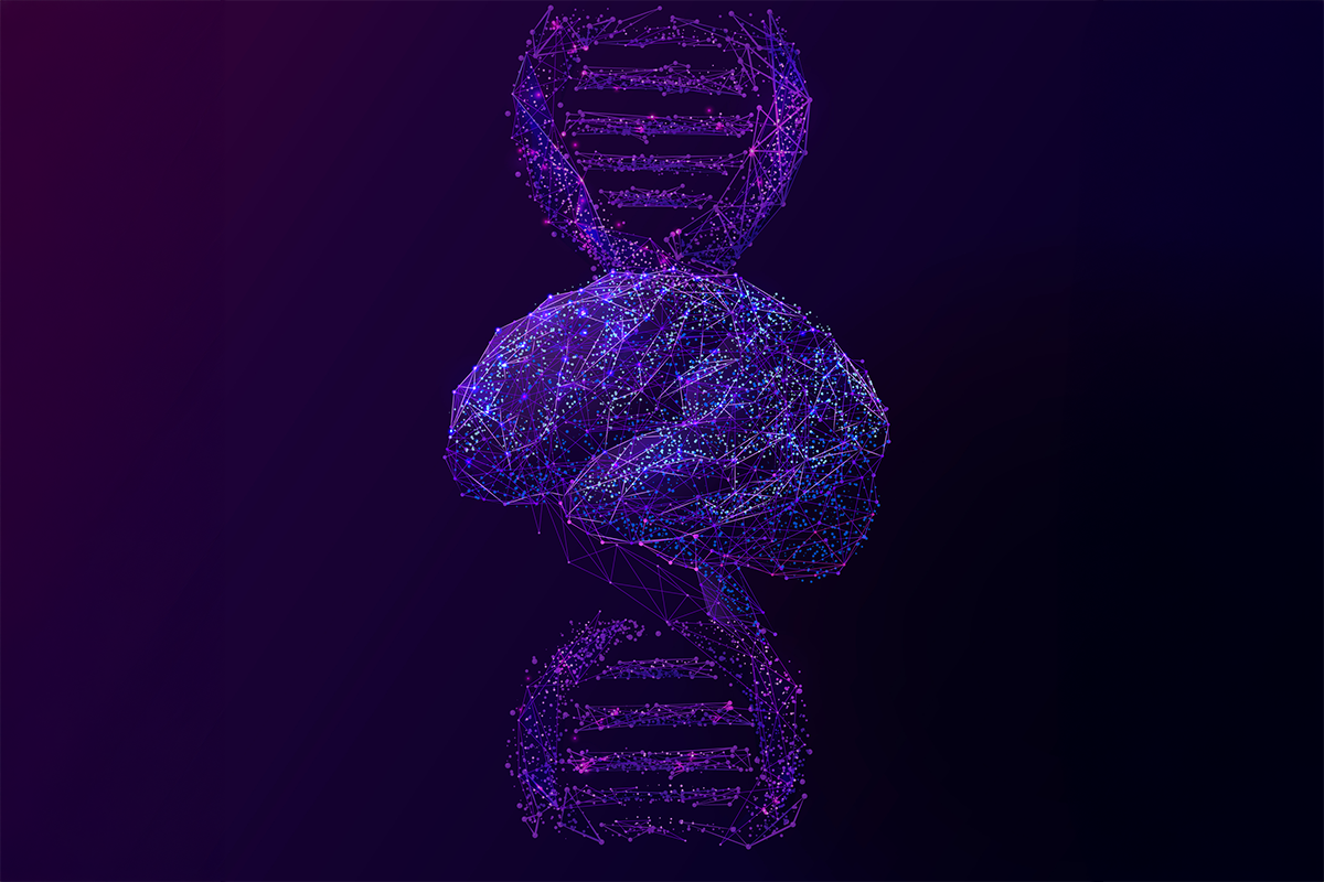 An illustration of a brain over a DNA helix.
