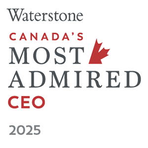Logo with text reading Waterstone Canada’s Most Admired CEO 2025 in black and red letters.