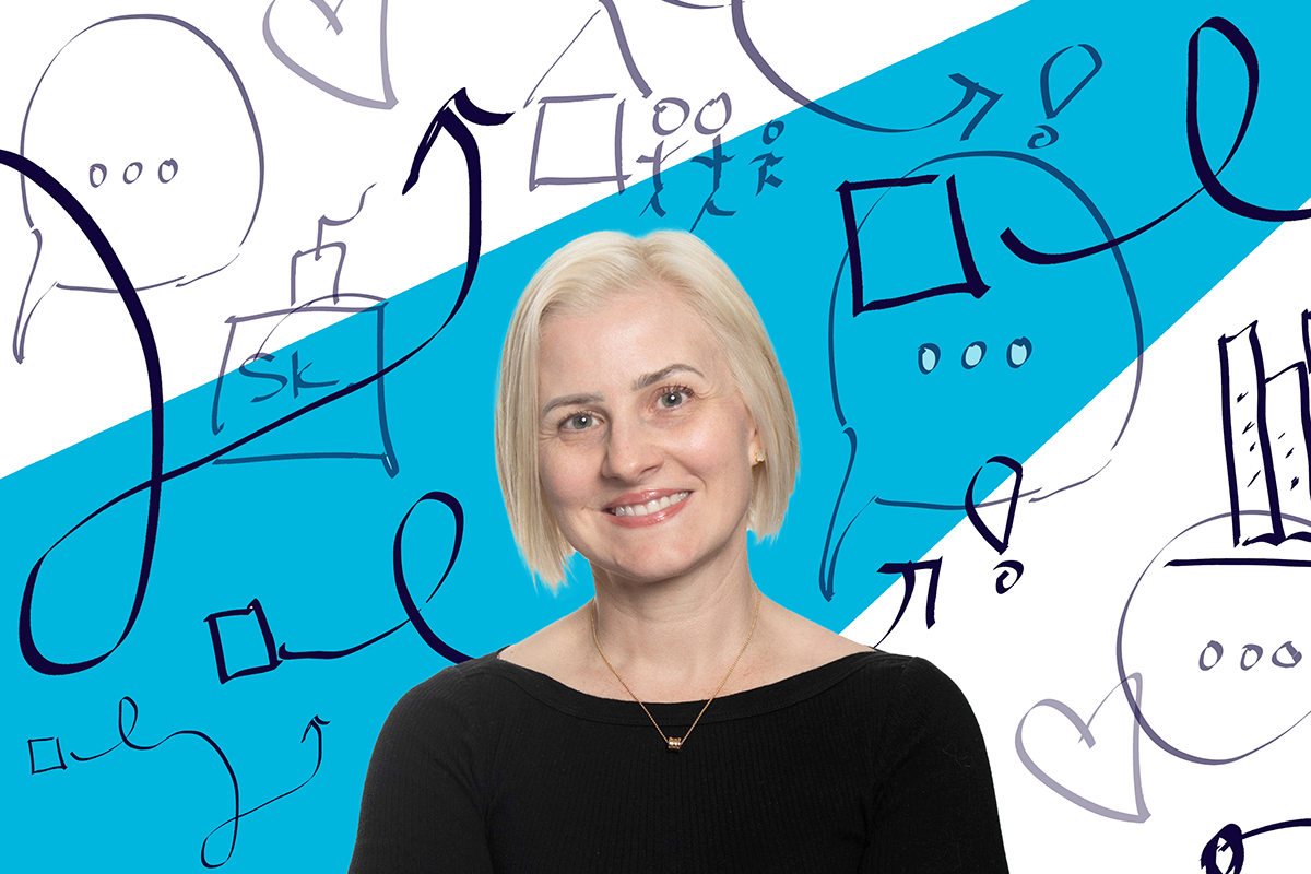 Dr. Angie Lim on a blue background with hand drawings