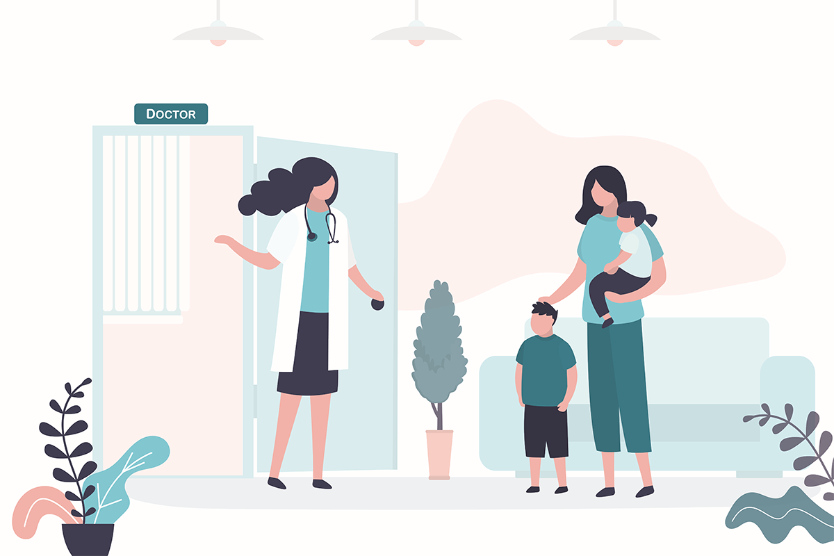 Illustration of a mother and child visiting a doctor's office. 