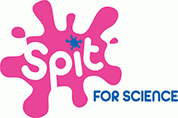A pink splotch with the words "Spit for Science"
