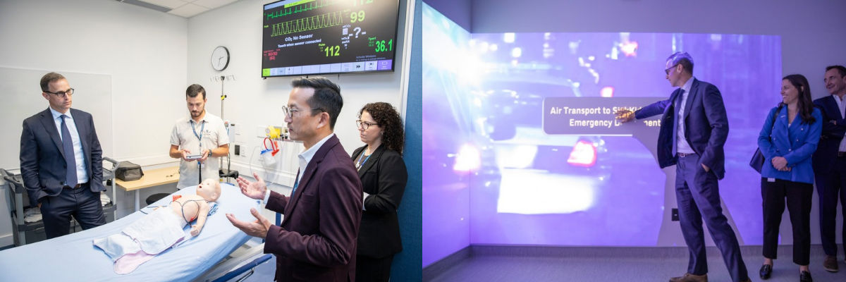 Two photos from a Microsoft Canada visit to SickKids’ Simulation Centre. In the first, a group gathers around a medical simulation mannequin while a presenter speaks beside clinical monitoring equipment. In the second, visitors stand inside an immersive simulation room surrounded by a projected emergency transport scenario.