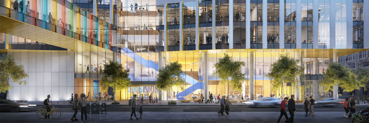 Rendering of the exterior of Patient Support Centre showing people walking outside a glass design building with bright colours and foot traffic on bridge connecting to hospital