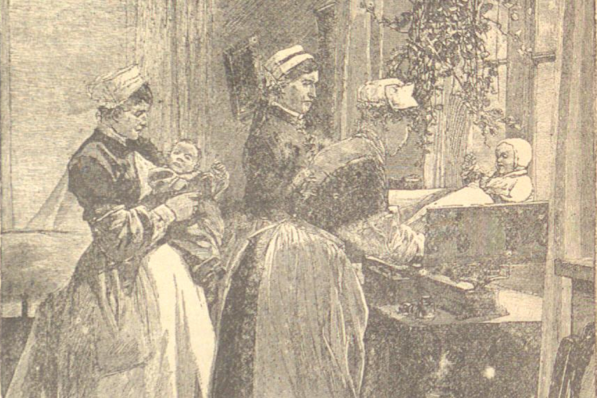 Historical illustration of two Victorian-era nurses in caps and aprons caring for sick children. One nurse holds an infant while another tends to a small child in what appears to be an early children's hospital ward.