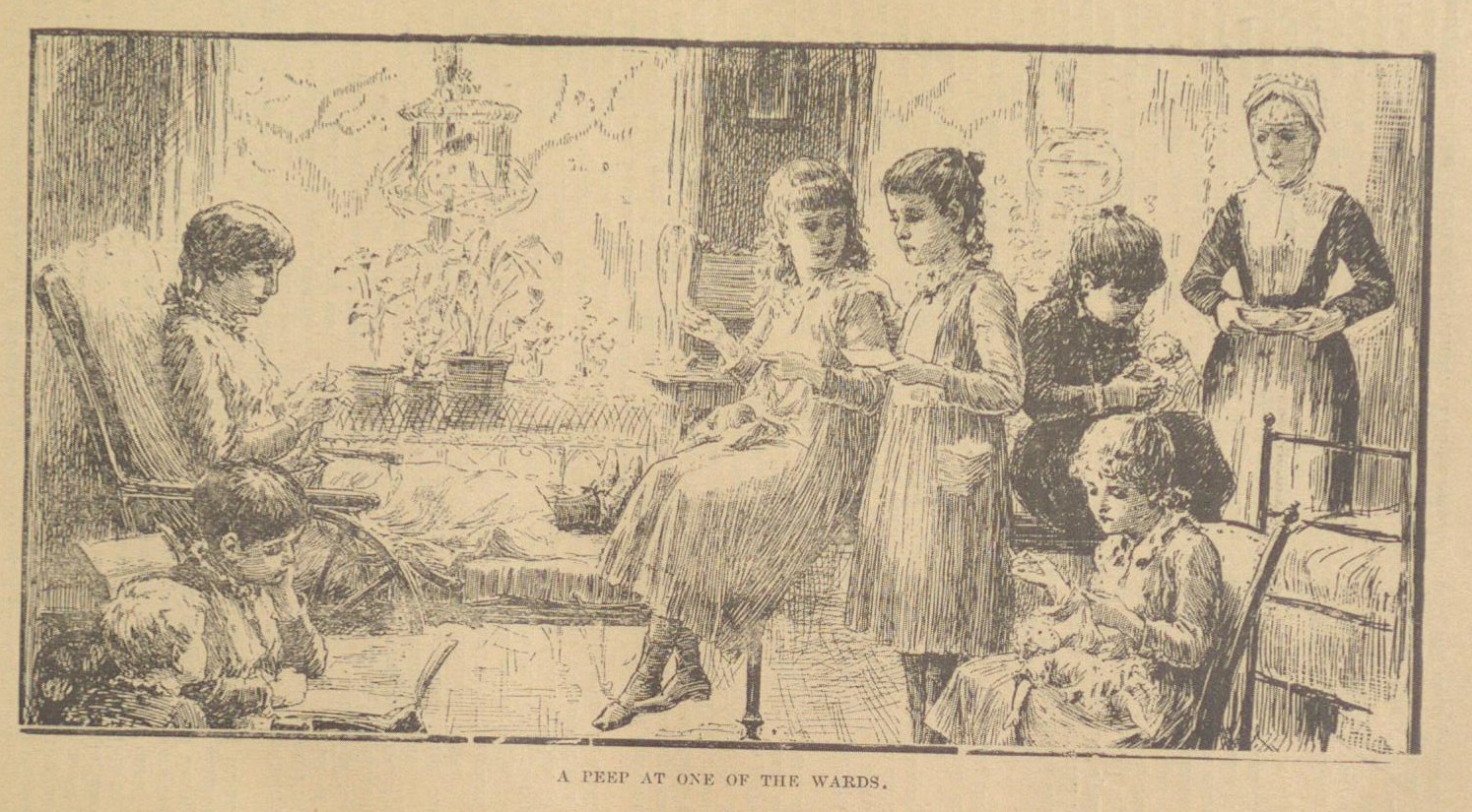 Historical illustration titled "A PEEP AT ONE OF THE WARDS" showing Victorian-era children's hospital ward. Young patients engage in various activities while a nurse supervises. Children are shown reading, crafting, and resting in a homelike environment. 