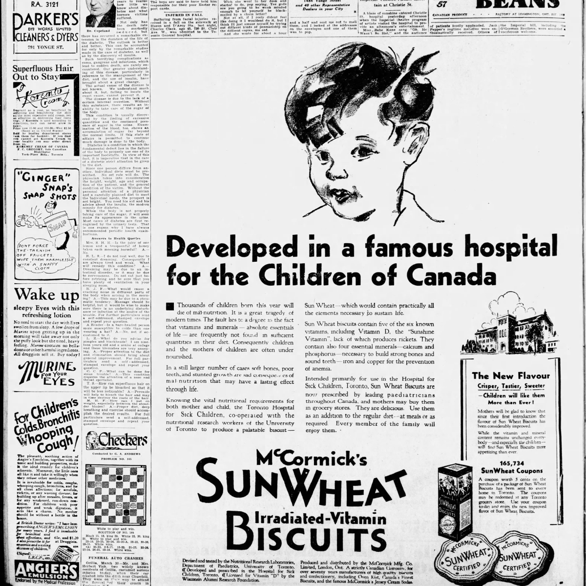 KEditA vintage newspaper advertisement for McCormick's SunWheat Biscuits, developed with the Hospital for Sick Children in Toronto. The ad features an illustration of a child's face and claims the vitamin-enriched biscuits contain essential nutrients for health. 