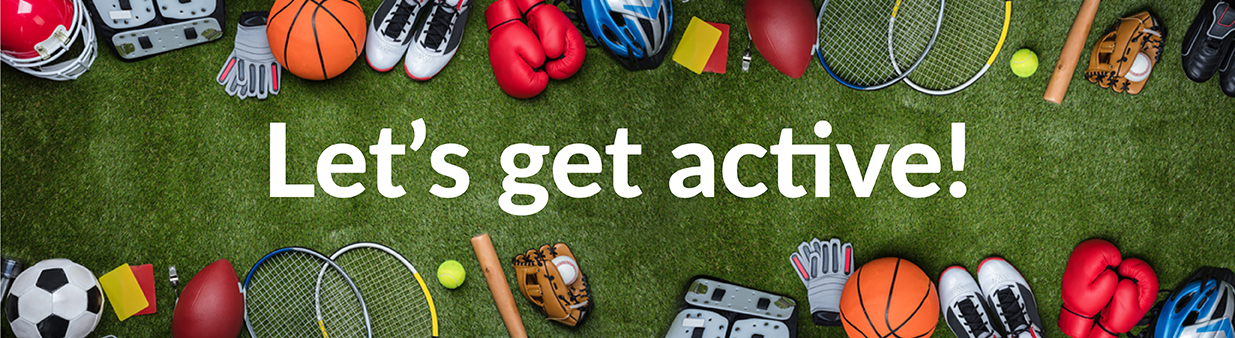 Sports equipment like balls, gloves, helmets, and rackets arranged on green grass with the text “Let’s get active!” in the center.