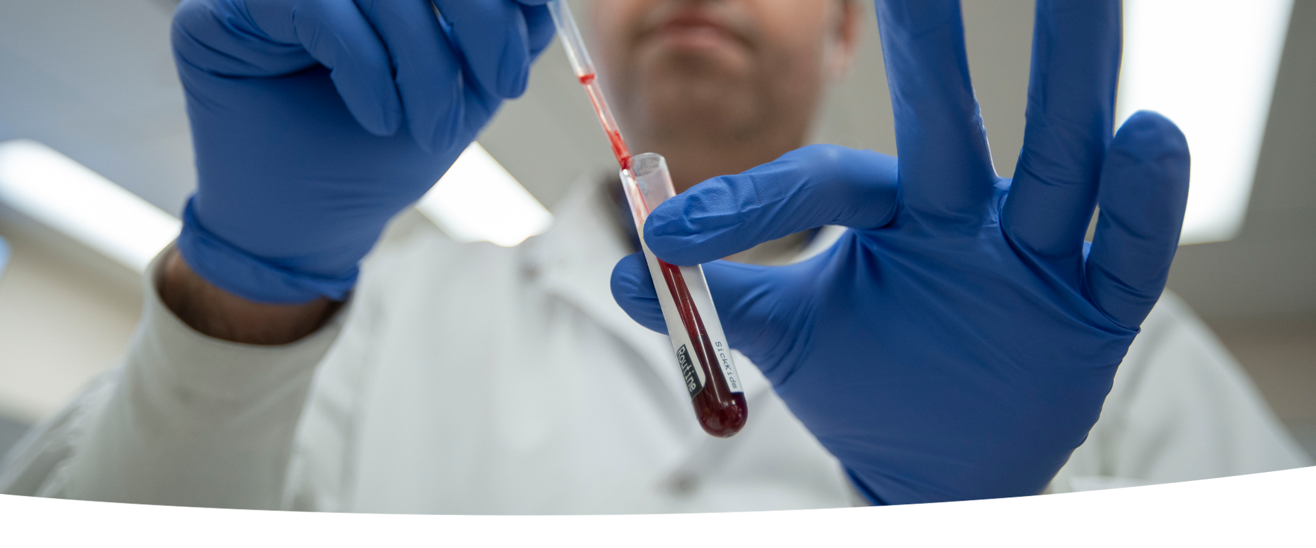A closeup of gloved hands pipetting from a blood sample in a glass tube.