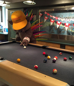A human-sized porcupine mascot shoots a pool ball with a pool cue