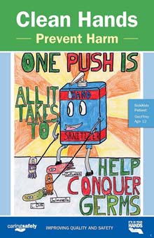 Clean Hands Prevent Harm poster featuring a drawing of a soap dispenser. the poster says One push is all it takes to help conquer germs
