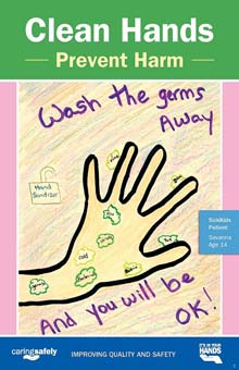 Clean Hands Prevent Harm poster featuring a drawing of a hand covered in germs that says 