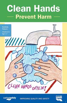 Clean Hands Prevent Harm poster featuring a drawing of two soapy hands under a running faucet
