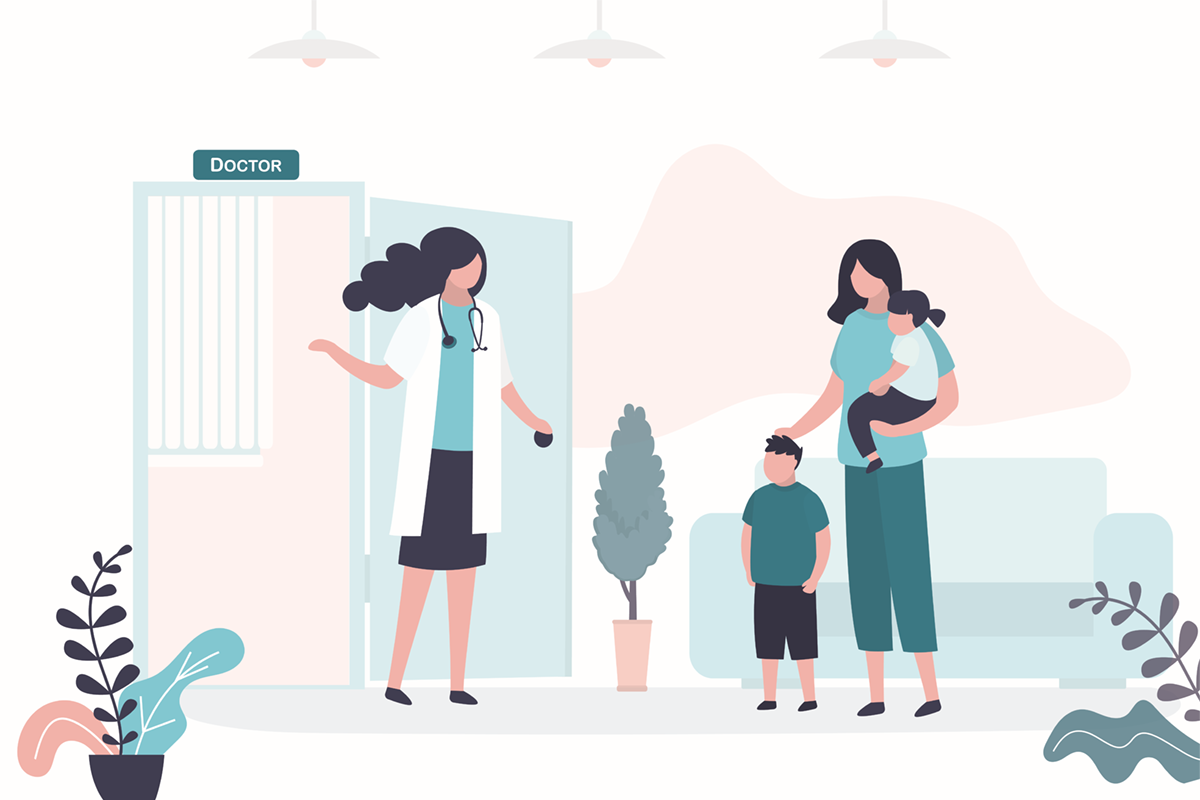 In this illustration a doctor opens the door to an adult holding a baby. A small child stands next to the adult.