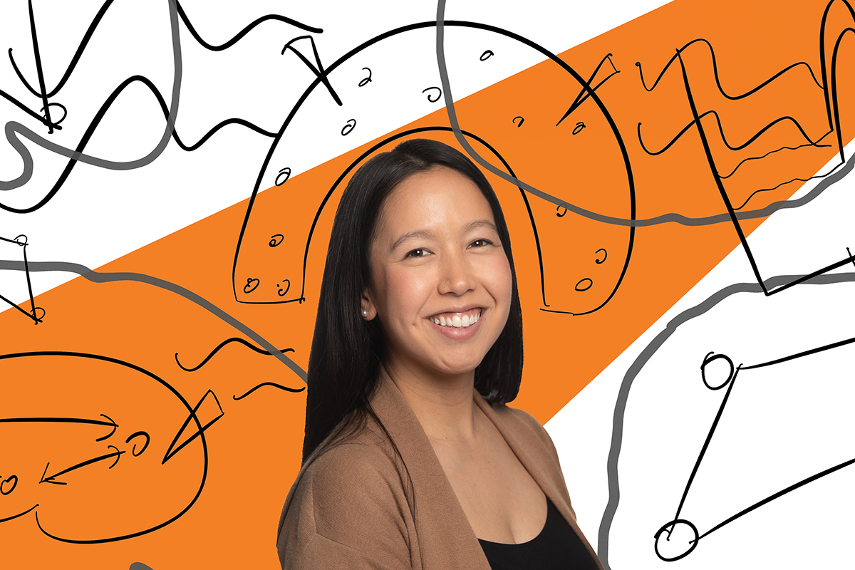 Dr. Julie Sato on a background of her scientific drawings with a stripe of orange through the image.