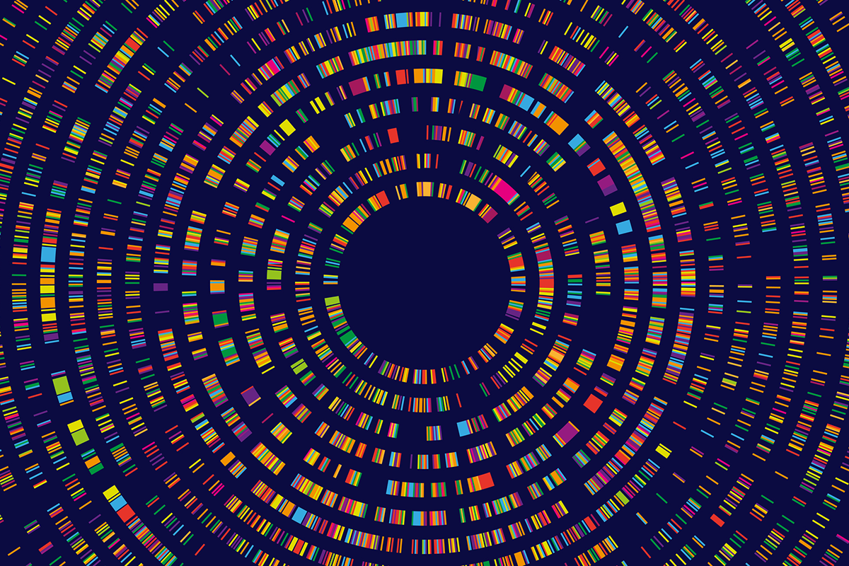 Multi colour lines form rings against a blue background.