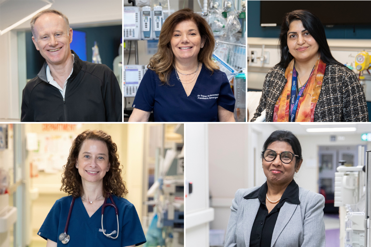Featured image alt text: A collage shows photos of five physicians each standing in the emergency department or simulation centre. On the top row from left to right are Dr. Jonathan Pirie in a black jacket, Dr. Suzan Schneeweiss in navy blue scrubs, and Dr. Jabeen Fayyaz in a black plaid blazer and orange and pink scarf. On the bottom row from left to right are Dr. Deborah Schonfeld in navy blue scrubs and Dr. Savithiri Ratnapalan in a grey blazer and black collared shirt.