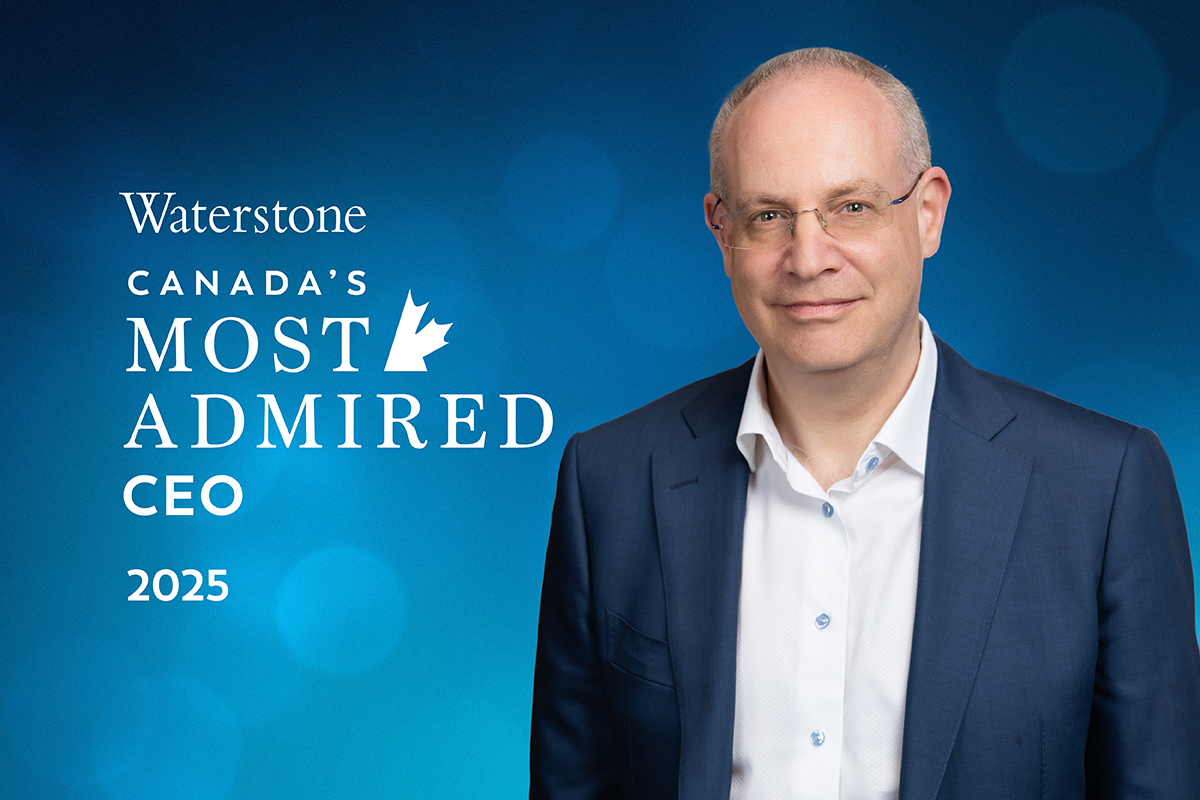 Blue background with text reading Waterstone Canada’s Most Admired CEO 2025 next to a person in a dark suit and white shirt.