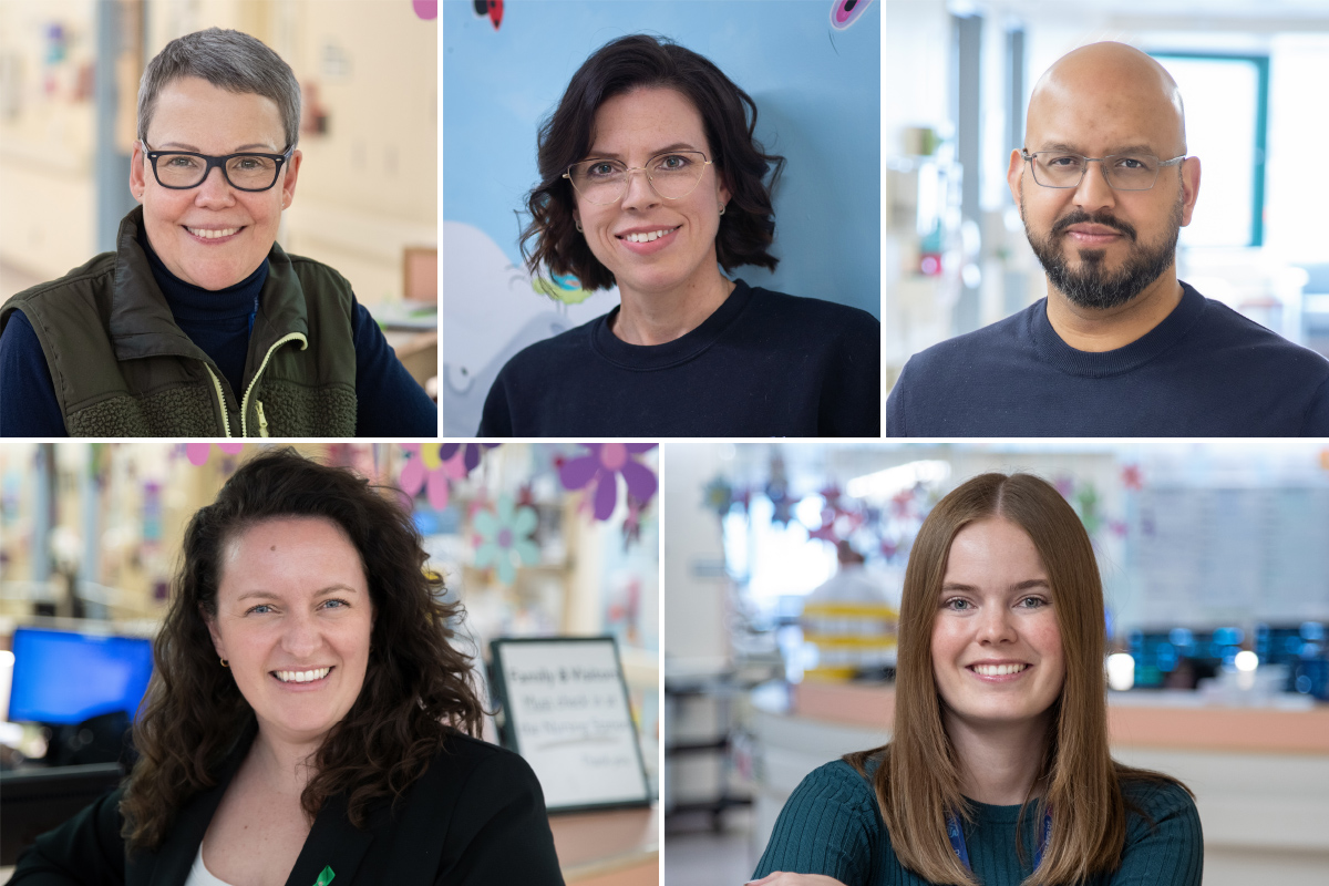 A collage showing five photos of SickKids staff who support the transplant program. In the top row are Jane Darch, Jaina Leitch, and Dr. Aamir Jeewa. In the bottom row are Kalyn Bolland and Melissa Darby. 