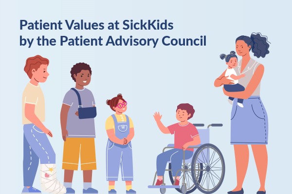 Illustration of children and caregivers with different abilities standing together, including a child in a wheelchair and a child with a cast. The image represents patient values and inclusion at SickKids.